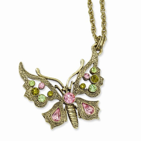 Brass-tone Green & Pink Crystals Necklace