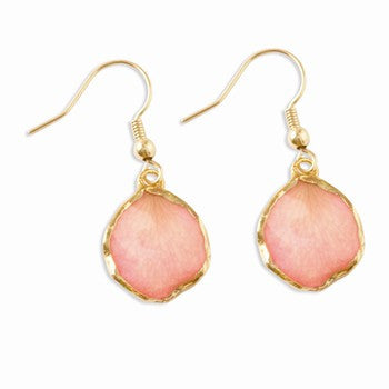 Lacquer Dipped 24k Gold Trim Pink Rose Petal Dangle Earrings