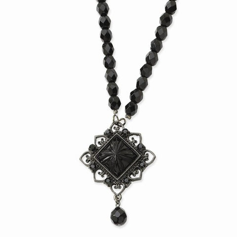 Black-plated Jet Crystal Glass Stone & Beads Necklace