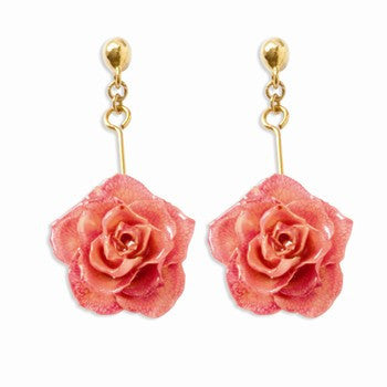 Lacquer Dipped Pink Rose Dangle Earrings