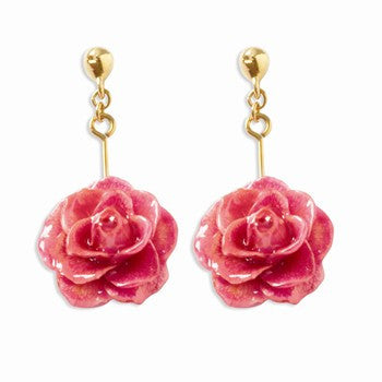 Lacquer Dipped Fuchsia Rose Dangle Earrings