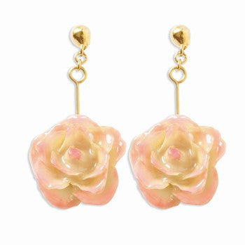 Lacquer Dipped Cream Pink Rose Dangle Earrings