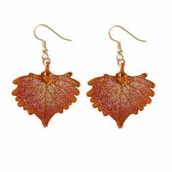 Iridescent Copper Dipped Cottonwood Leaf Dangle Earrings