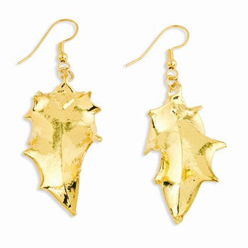 24k Gold Dipped Holly Leaf Dangle Earrings