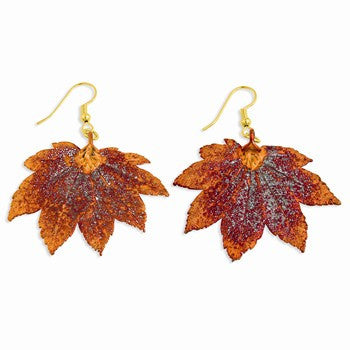 Iridescent Copper Dipped Full Moon Maple Leaf Dangle Earrings