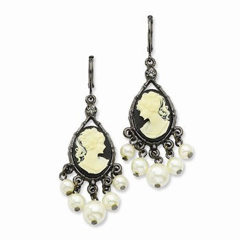 Black-plated Cameo/Cultura Glass Pearl Leverback Earrings