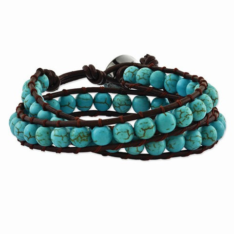 Stainless Steel Dyed Turquoise Leather Cord Multi Wrap Bracelet