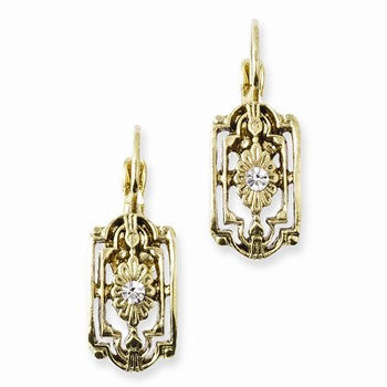 Brass w/Clear Crystal Rectangle Leverback Earrings