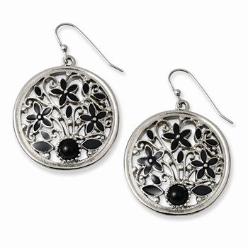 Silver-tone Black Enamel Flower Motif Dangle Earrings