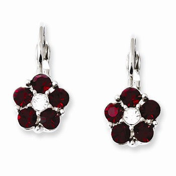 Silver-tone Red Clear Crystal Flower Shaped Leverback Earrings