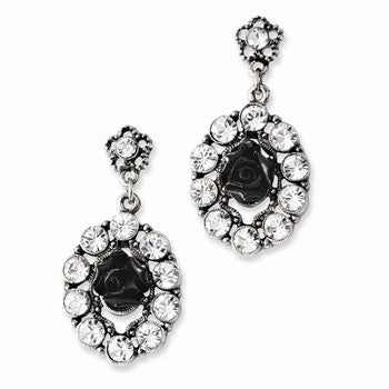 Silver-tone Black Flowers Clear Crystal Post Dangle Earrings