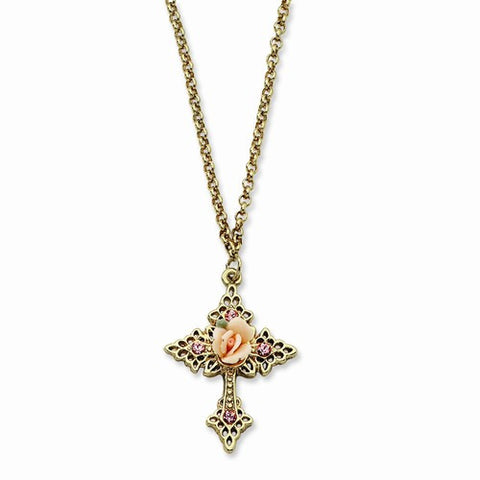 Gold-tone Pink Porcelain Rose/Pink Crystal Cross Necklace