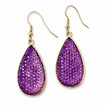 Gold-tone Purple Crystal Teardrop Dangle Earrings