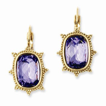 Gold-tone Purple Crystal Leverback Earrings