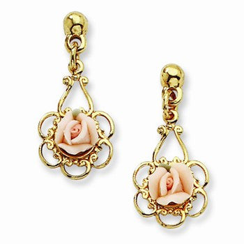 Gold-tone Pink Porcelain Rose Filigree Post Dangle Earrings