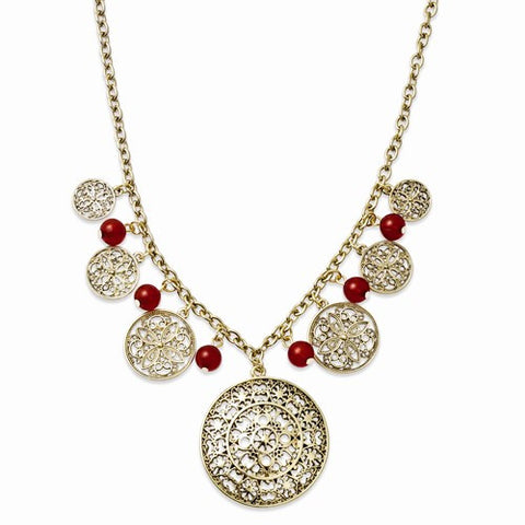 Gold-tone Fancy Circles w/Red Acrylic Beads Necklace