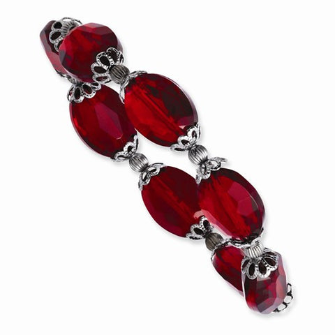  Silver-tone Hematite Siam Red Crystal Stretch Bracelet