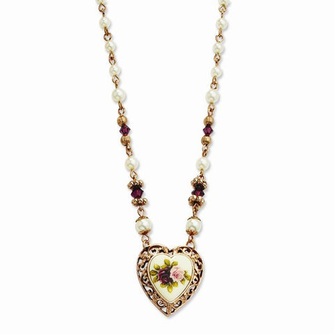 Rose-tone Purple Crystal & Simulated Pearl w/Decal Necklace