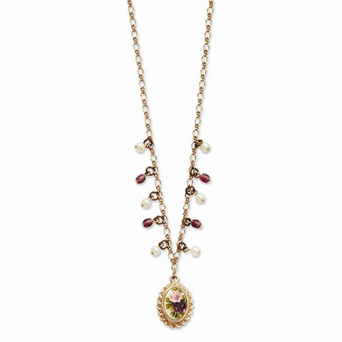 Rose-tone Purple Crystal and Simulated Pearl w/Decal Necklace