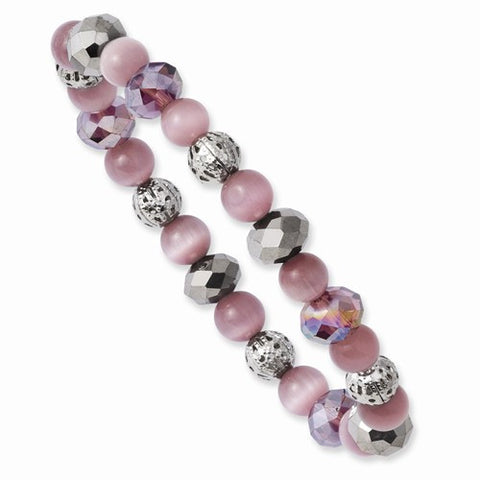 Silver-tone Purple & Grey Crystal w/Purple Beads Stretch Bracelet