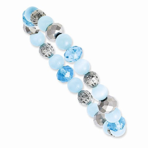 Silver-tone Grey & Teal Crystal w/Teal Acrylic Beads Stretch Bracelet