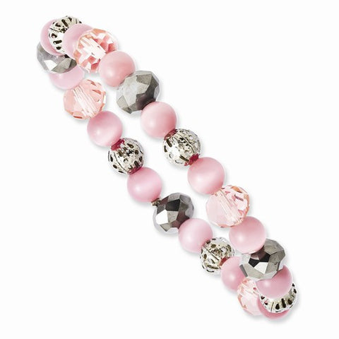 Silver-tone Pink & Grey Crystal w/ Pink Acrylic Beads Stretch Bracelet