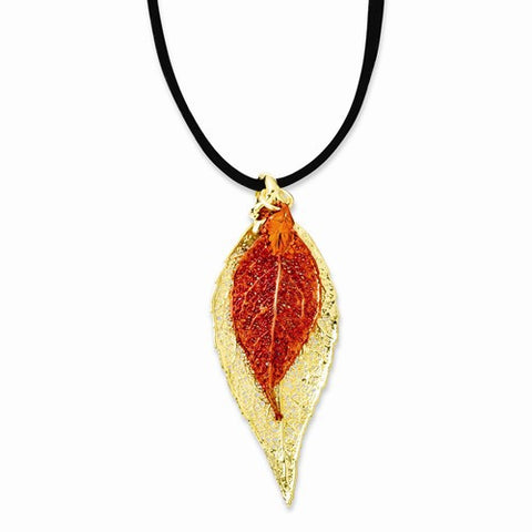 24K Gold, Iridescent Copper Dipped Double Evergreen Leaf Necklace