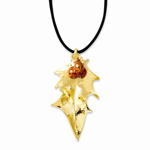 24K Gold Holly Leaf, Iridescent Copper Dipped Berries Necklace