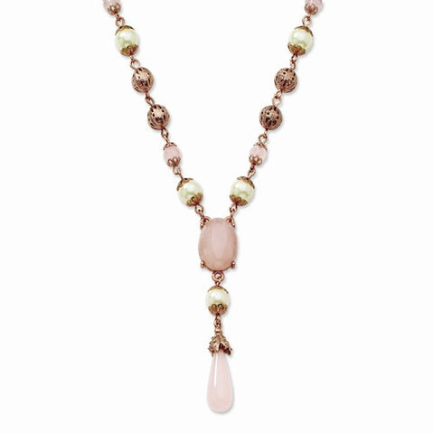 Rose-tone Simulated Pearl & Rose Quartz Necklace