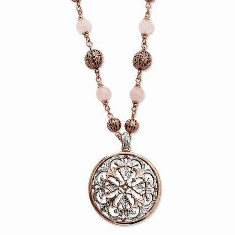 Rose-tone & Silver-tone Rose Beads & Rose Quartz Necklace