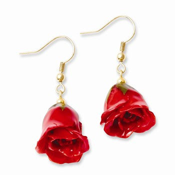 Lacquer Dipped Red Rose Dangle Earrings