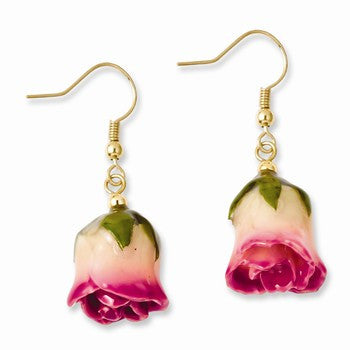 Lacquer Dipped White/Pink Rose Dangle Earrings