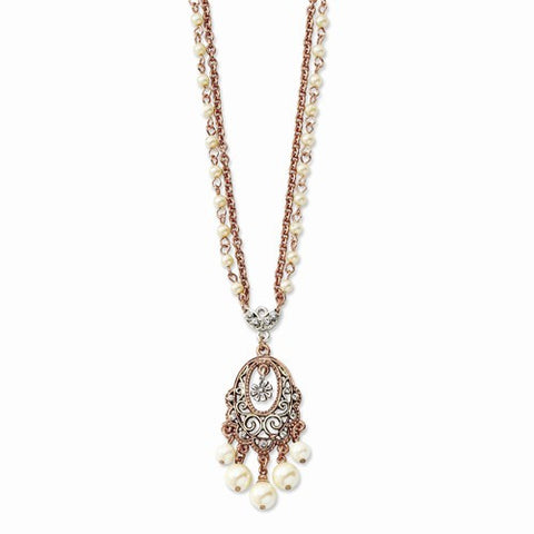 Rose-tone & Silver-tone Glass Beads & Crystal Necklace