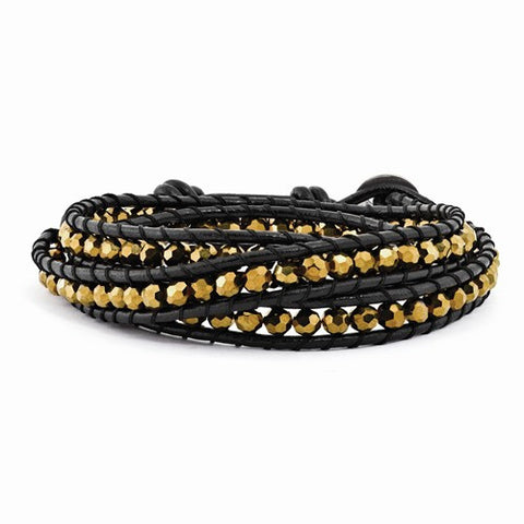 Golden Crystals Multi Wrap Brown Leather Bracelet