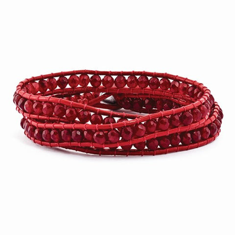 Red Leather Red Quartz Beaded Multi Wrap Brass Button Bracelet