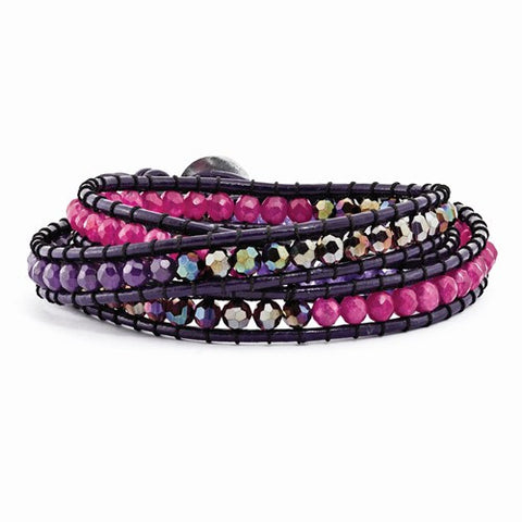 Multi Crystal & Multi Colored Beaded Leather Multi-Wrap Bracelet