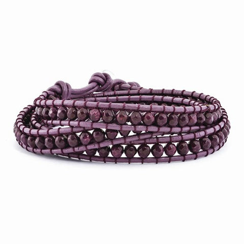 Dyed Purple  Beaded and Leather Multi-Wrap Bracelet