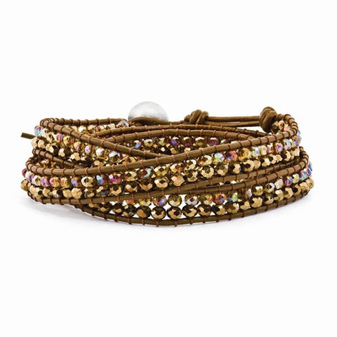 Multi Brown Crystal Bead and Leather Multi-Wrap Bracelet