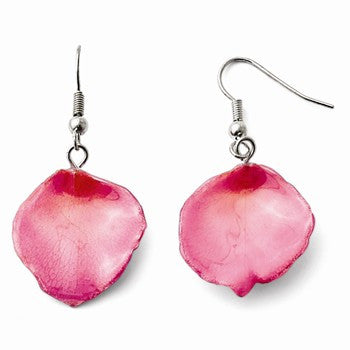 Lacquer Dipped Fuchsia Rose Petal Slvr-pltd Shepherd Hook Earrings