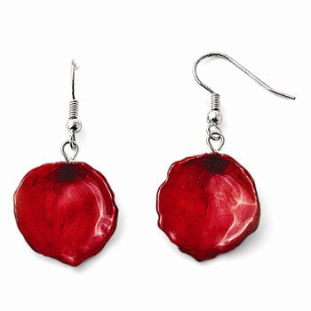 Lacquer Dipped Red Rose Petal Slvr-pltd Shepherd Hook Earrings