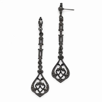 Black-plated Black Glass Post Drop Earrings