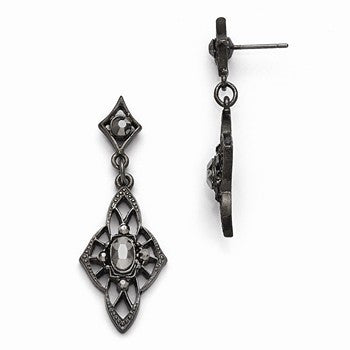 Black-plated Black Glass Post Filigree Drop Earrings