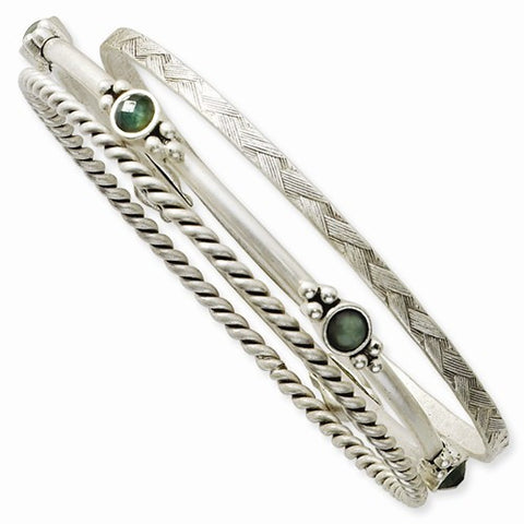 Silver-tone Green Epoxy Stone 3 piece Bangle