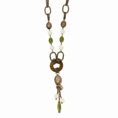 Copper-tone /Amethyst/Tan Bead & Brown Iris Disc Necklace