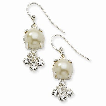 Silver-tone Simulated Pearl Glass Crystal Dangle Earrings