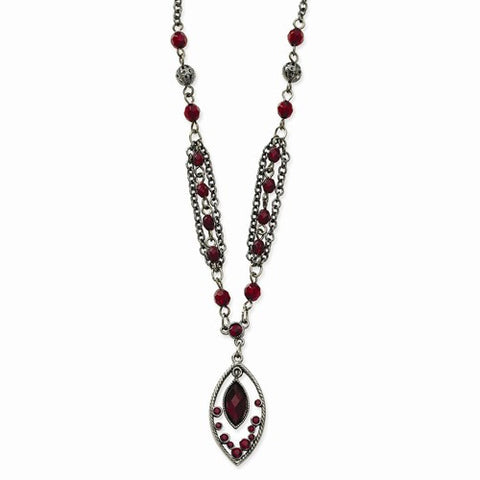 Black-plated Red Crystal Beads & Oval Drop Necklace