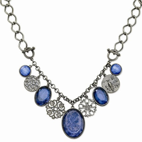 Black-plated Etched & Faceted Blue Epoxy Stone Necklace