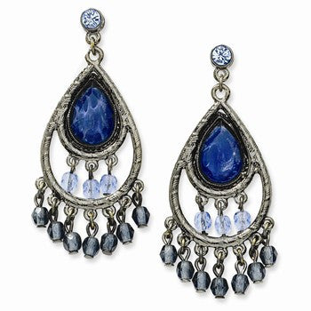 Black-plated Lt Dk Blue Glass Beads Ch&elier Post Earrings