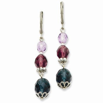 Pewter-tone Blue, Lt Dark Purple Glass Beads Leverback Earrings