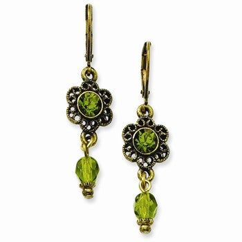 Burnished Brass-tone Olive Crystal Glass Bead Leverback Earrings